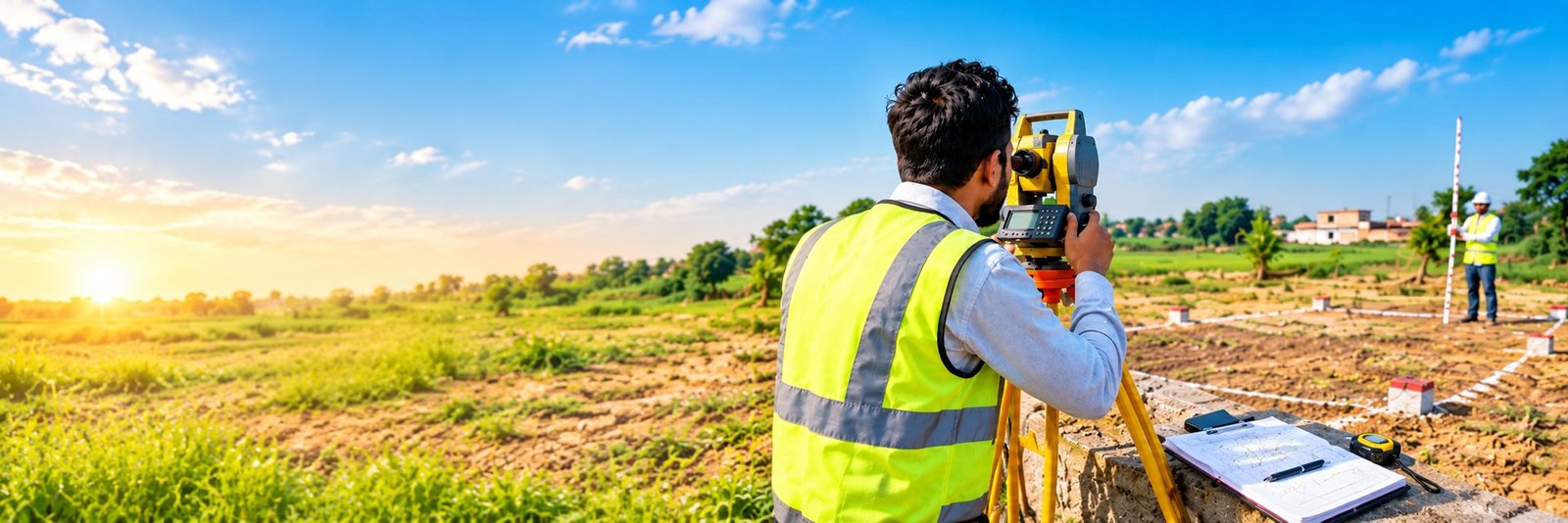 Amin trainee taking a total station reading while a colleague holds the levelling staff