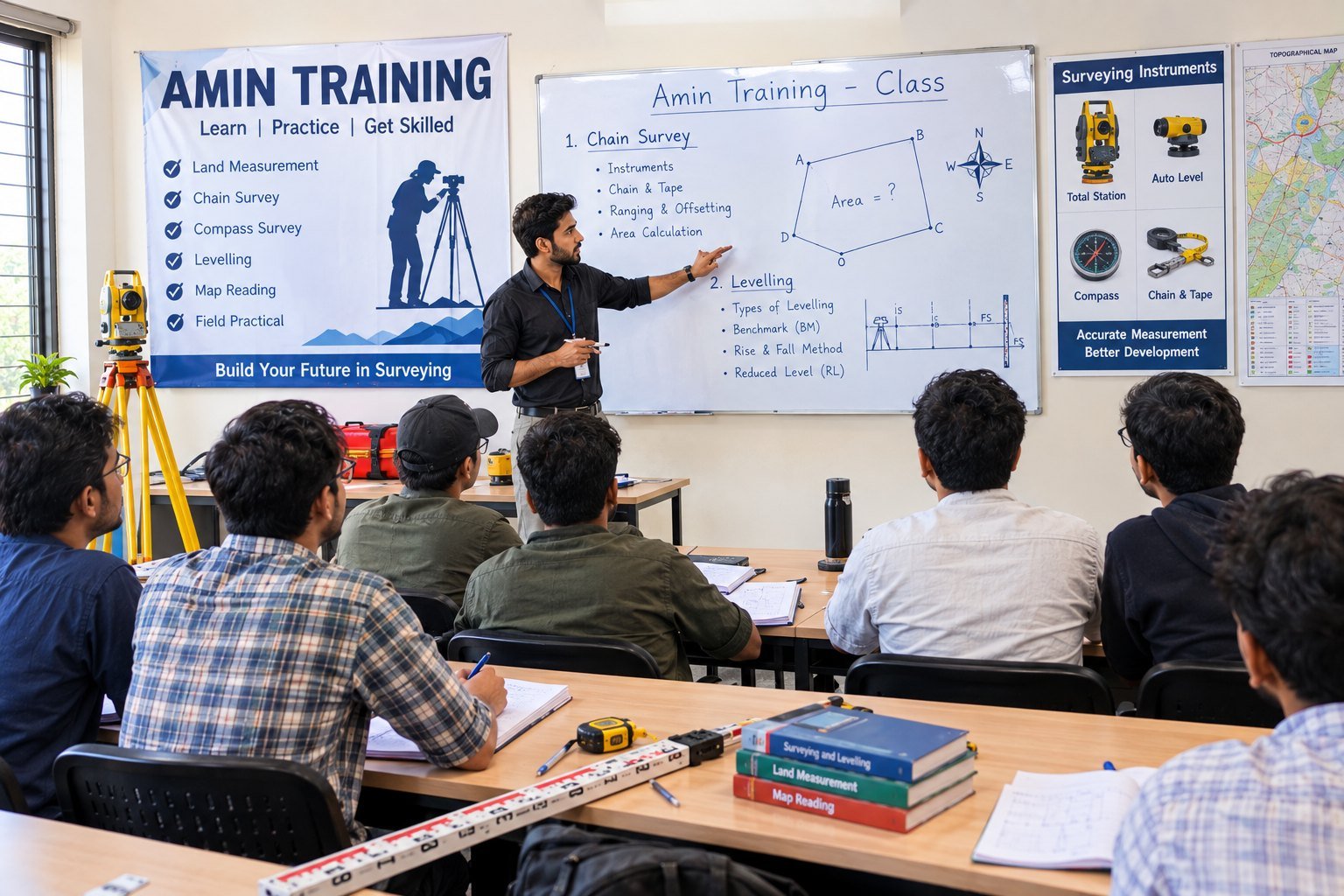 Amin training class on chain survey and levelling with survey instruments displayed