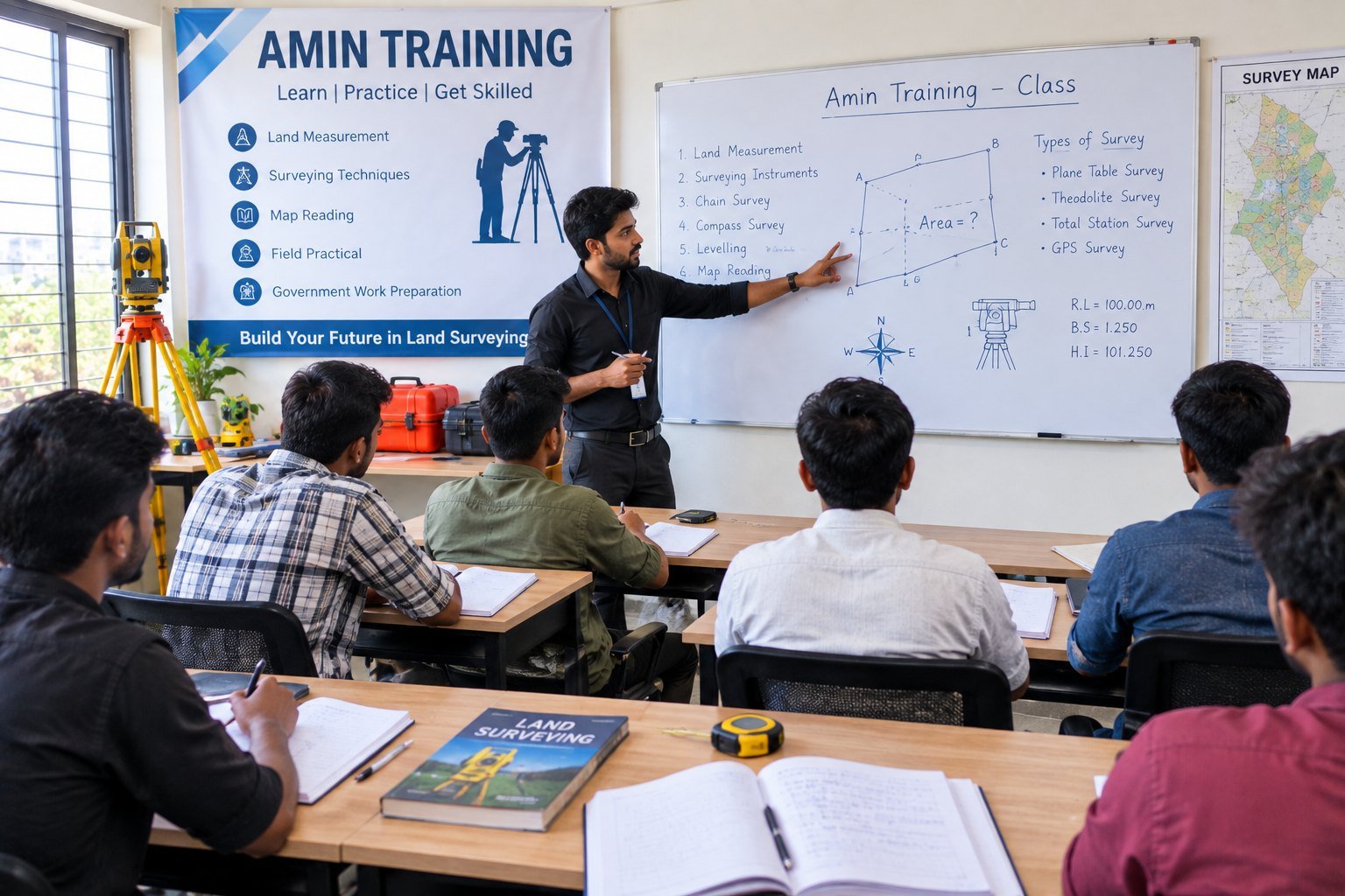 Instructor explaining plot area calculation on a whiteboard in an Amin class
