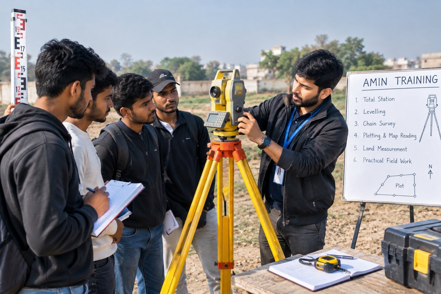Trainees gathered around a total station on a tripod during field training