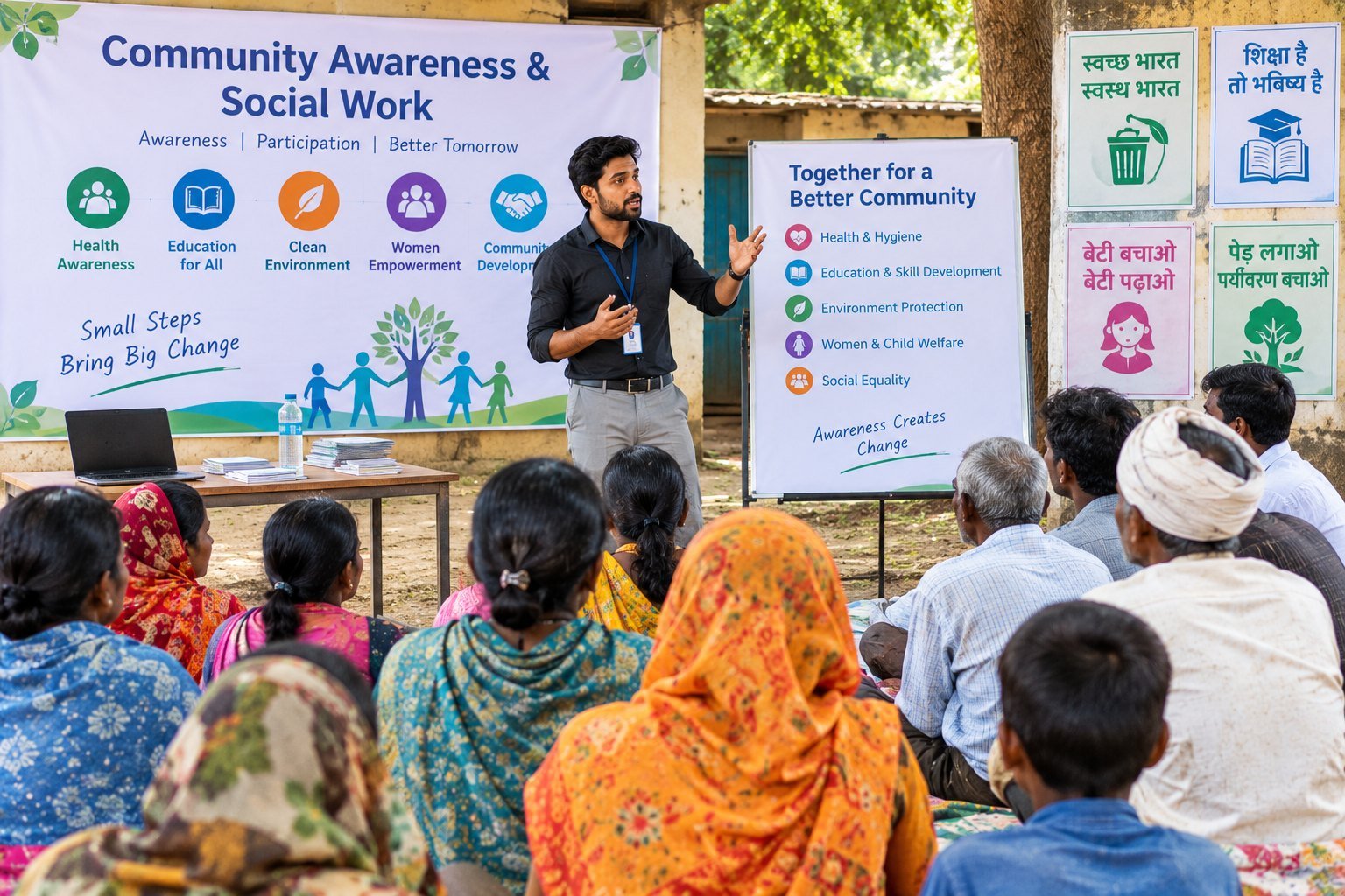 Community awareness session on health and education held outdoors