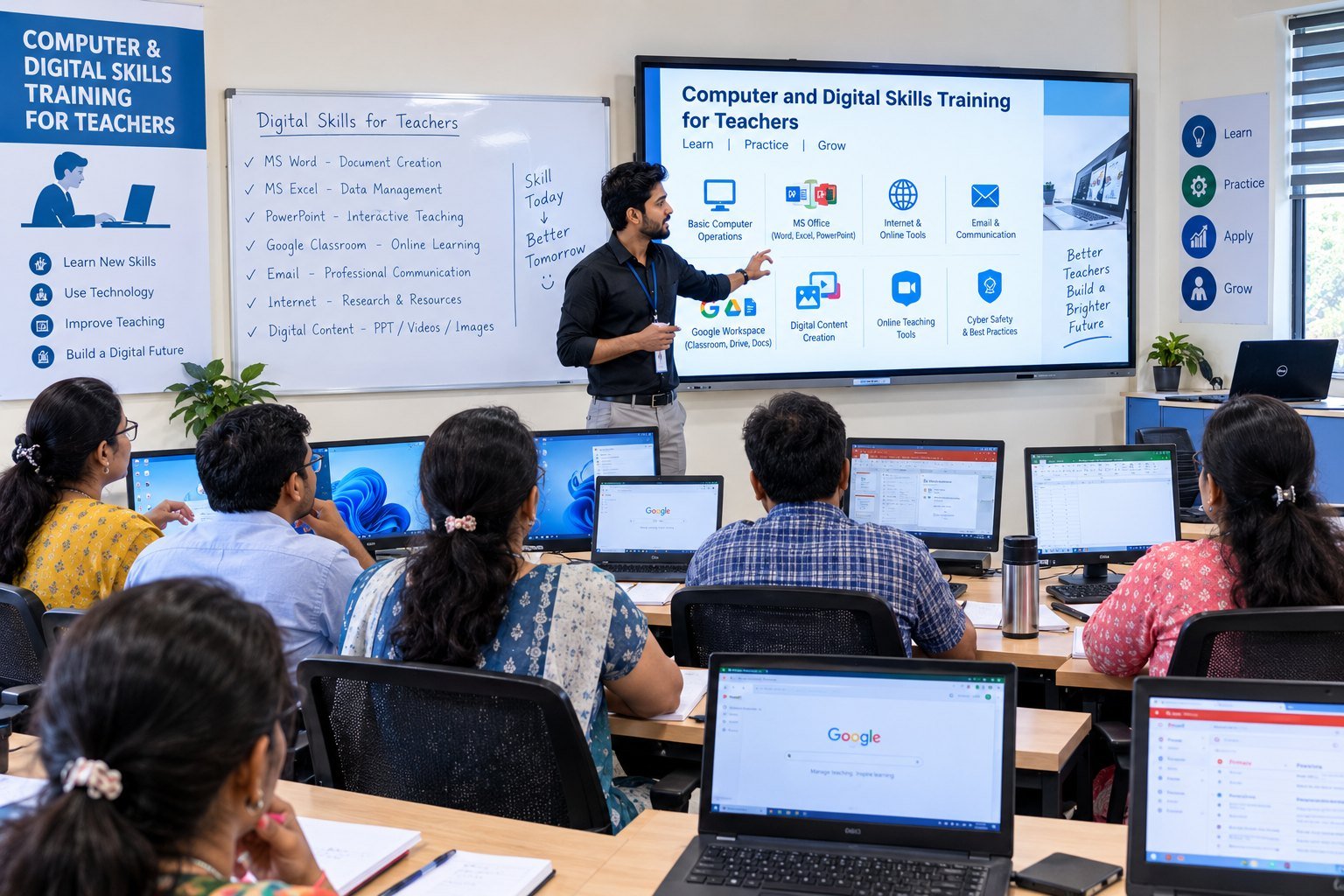 Teachers practising MS Office and Google tools on laptops in a computer lab