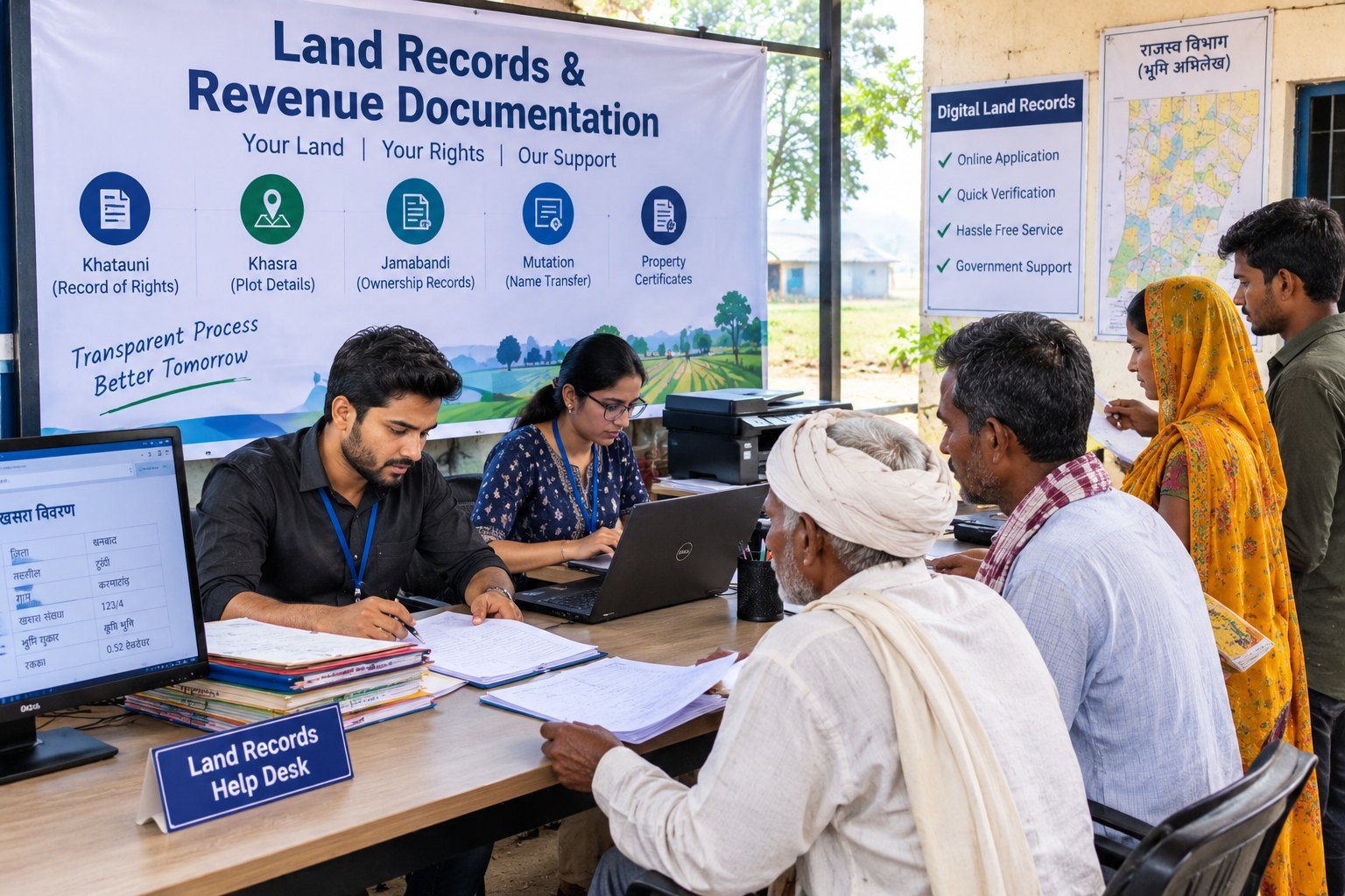 Villagers receiving help with land records at a help desk